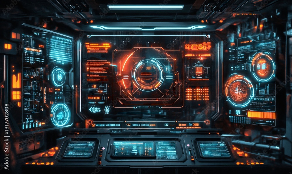 Futuristic spaceship control room; monitoring systems Futuristic spaceship control room; monitoring systems