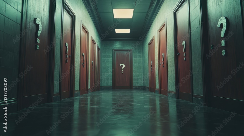 Mysterious hallway with closed doors and question marks, evoking curiosity and suspense in a dimly lit environment Mysterious hallway with closed doors and question marks, evoking curiosity and suspense in a dimly lit environment