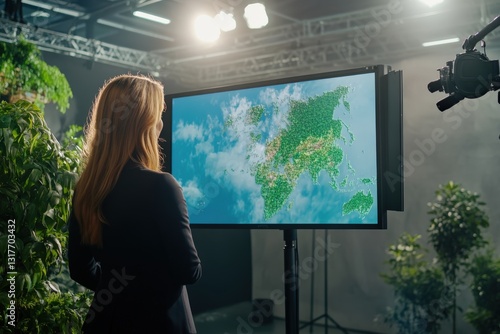 Tv presenter recording a show about global green initiatives and ecology