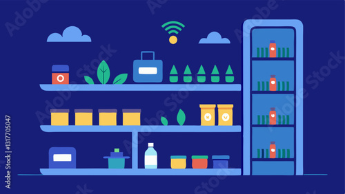 Smart Shelves Shelves equipped with sensors that light up when products are picked up with notifications sent to staff on restocking needs. Illustrate these with glowing shelves