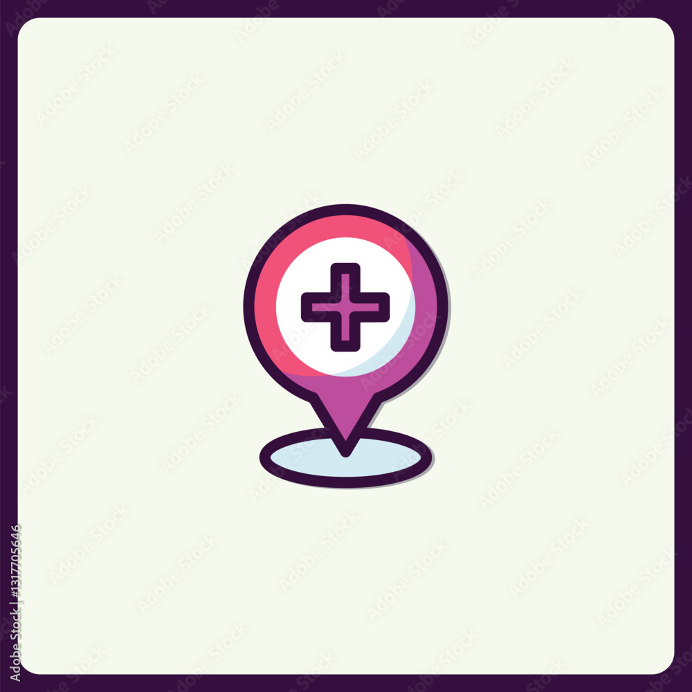 Location pin icon with a plus sign indicating medical assistance symbol Location pin icon with a plus sign indicating medical assistance symbol