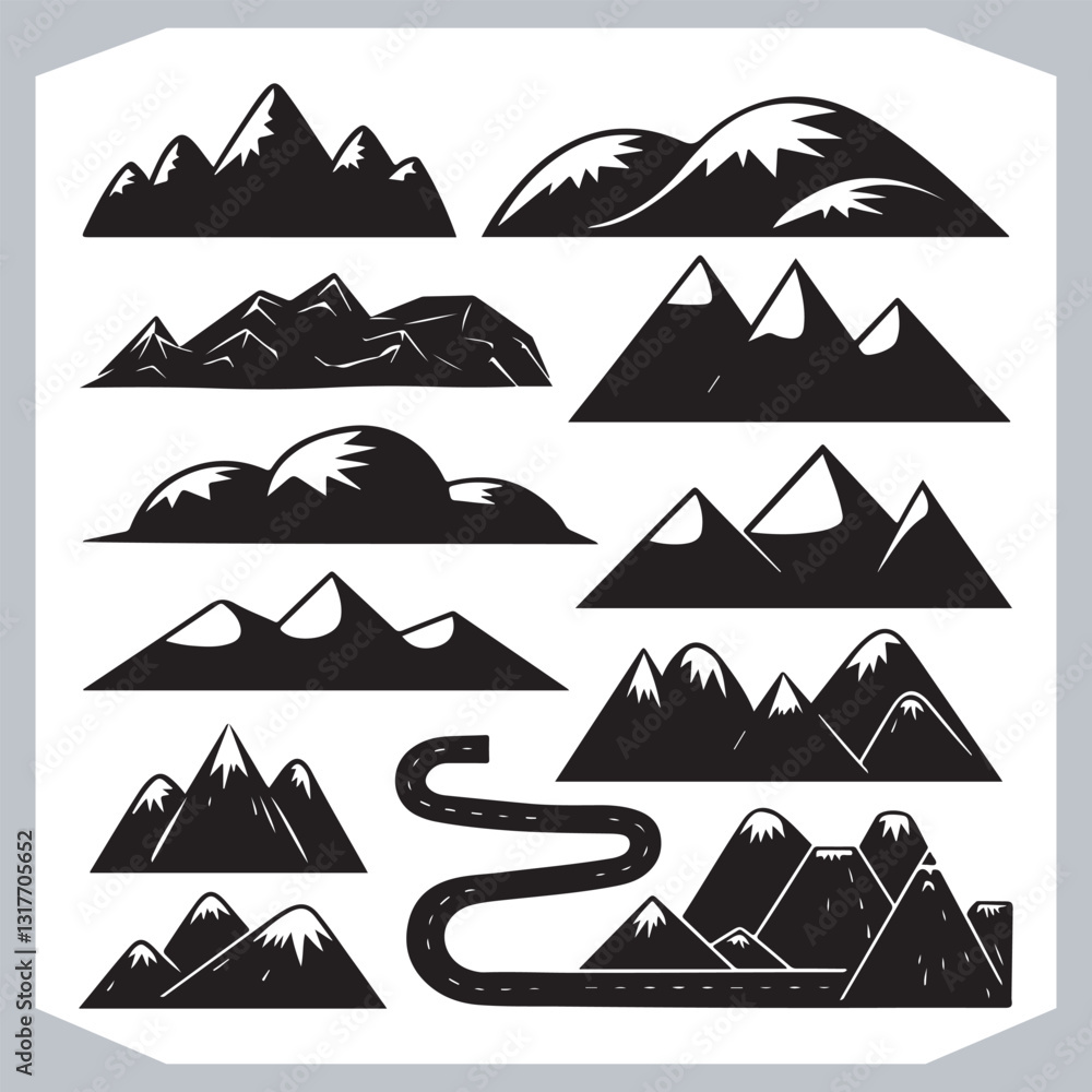 Black and White Retro Mountain Silhouettes Artistic Hand Drawn Design
