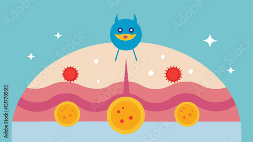 Skin Barrier An illustration of the skins outer layer with exosomes visualized as tiny superheroes defending and fortifying the skin barrier against pollutants.