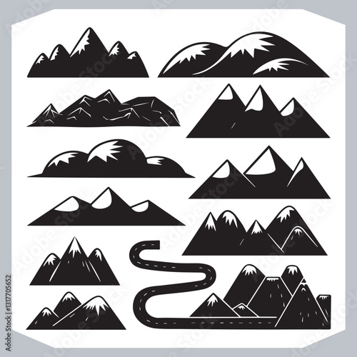 Obraz na płótnie Black and White Retro Mountain Silhouettes Artistic Hand Drawn Design w salonie
