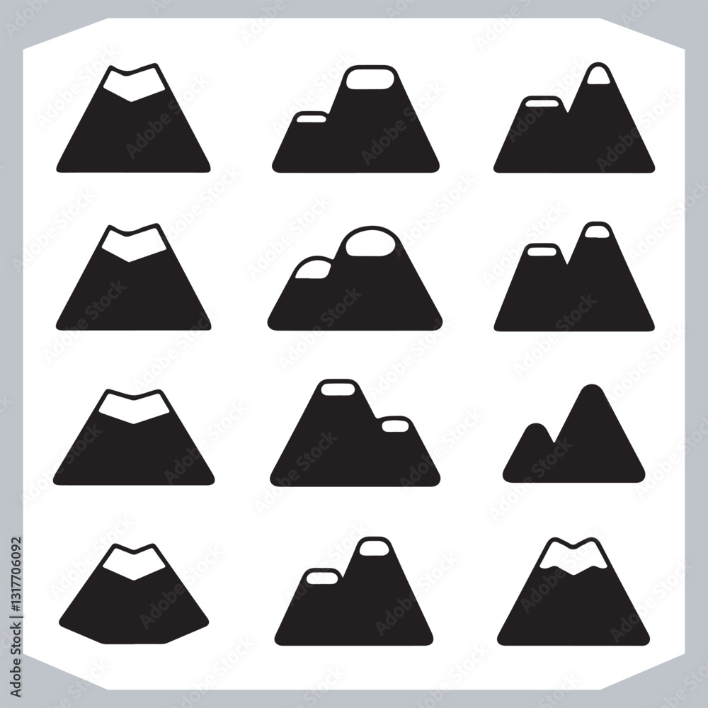 Black and White Retro Mountain Silhouettes Artistic Hand Drawn Design