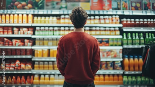 Wallpaper Mural A person in a red sweater stands in front of a colorful beverage aisle in a grocery store, contemplating choices Torontodigital.ca