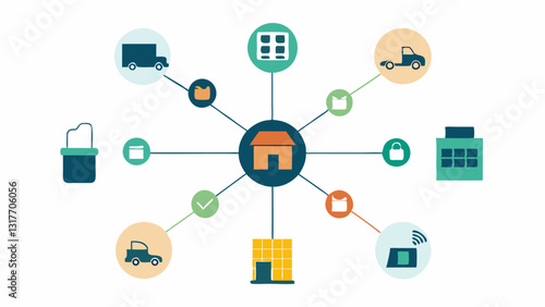 Supply Chain Network A simple network diagram depicting farms processors distributors and retailers interconnected with blockchain links showcasing collaboration and trust.