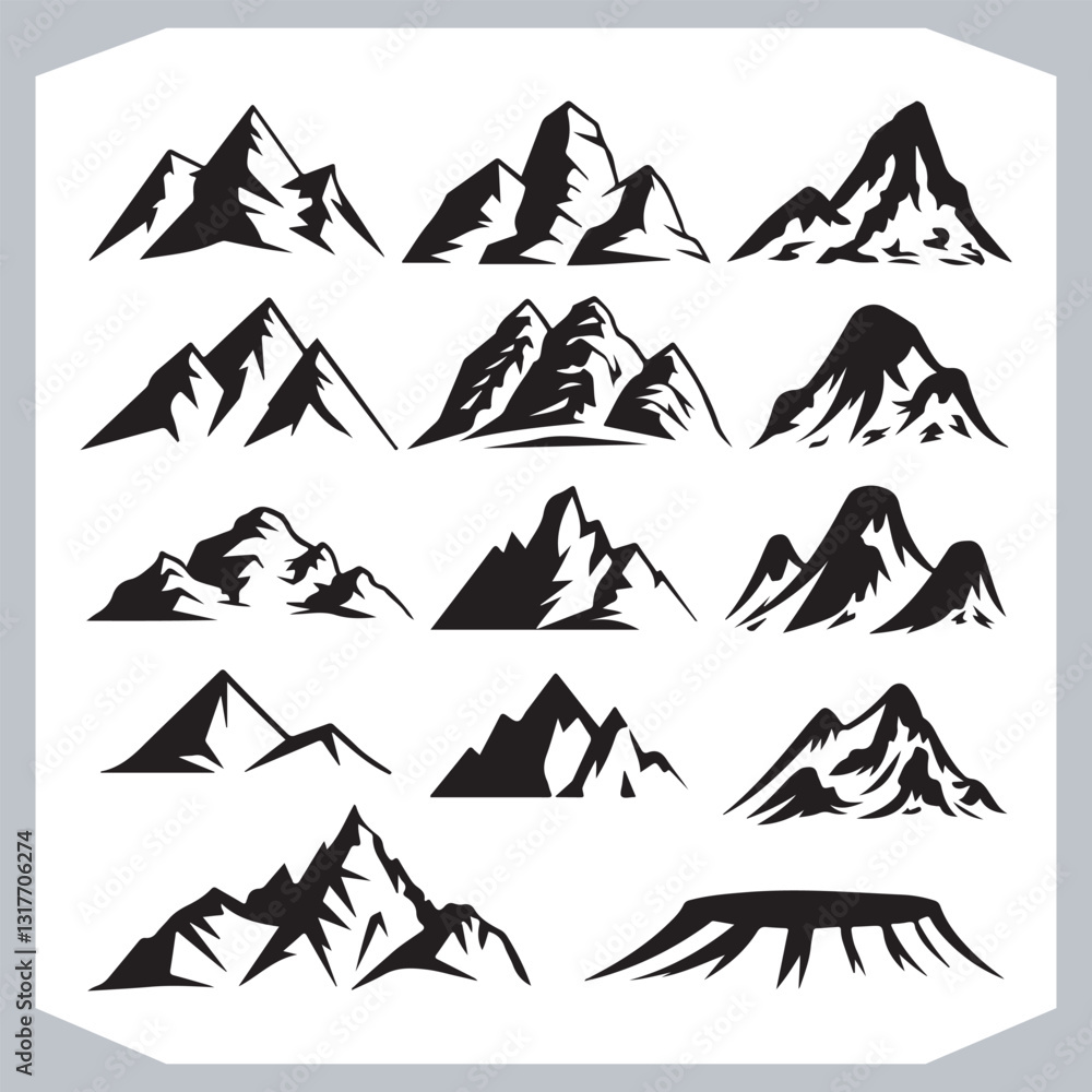 Black and White Retro Mountain Silhouettes Artistic Hand Drawn Design
