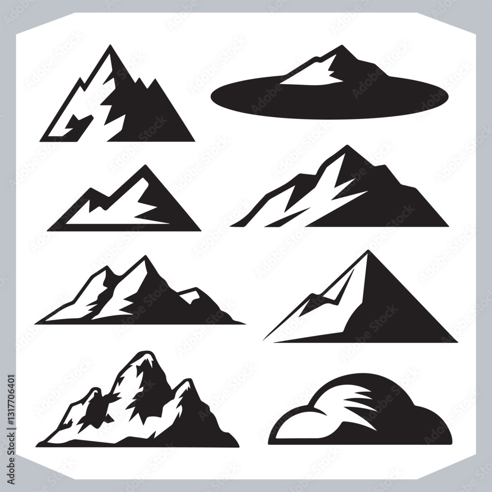 Black and White Retro Mountain Silhouettes Artistic Hand Drawn Design