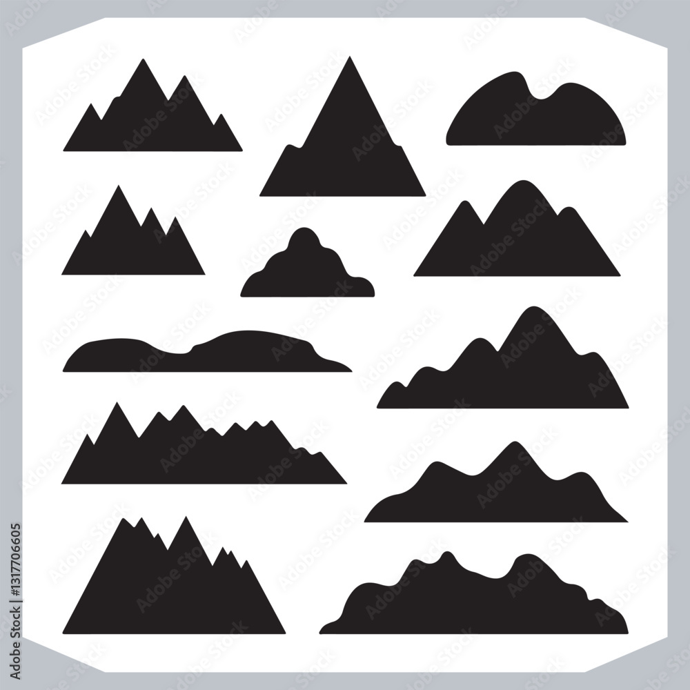 Black and White Retro Mountain Silhouettes Artistic Hand Drawn Design