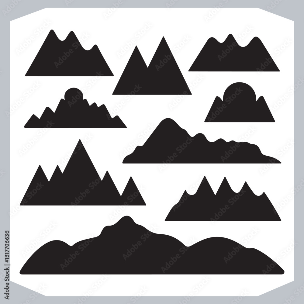 Black and White Retro Mountain Silhouettes Artistic Hand Drawn Design