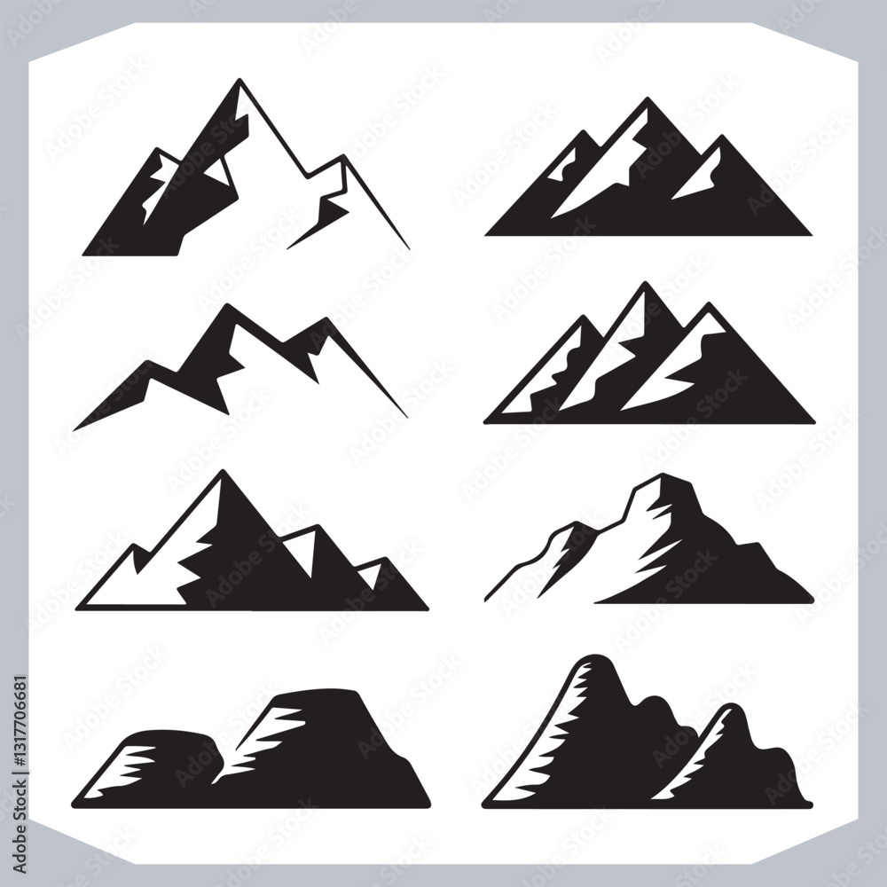 Black and White Retro Mountain Silhouettes Artistic Hand Drawn Design