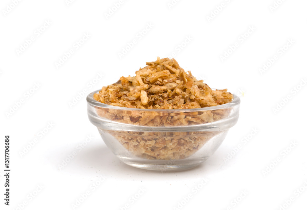 bowl with fried onions on white background bowl with fried onions on white background