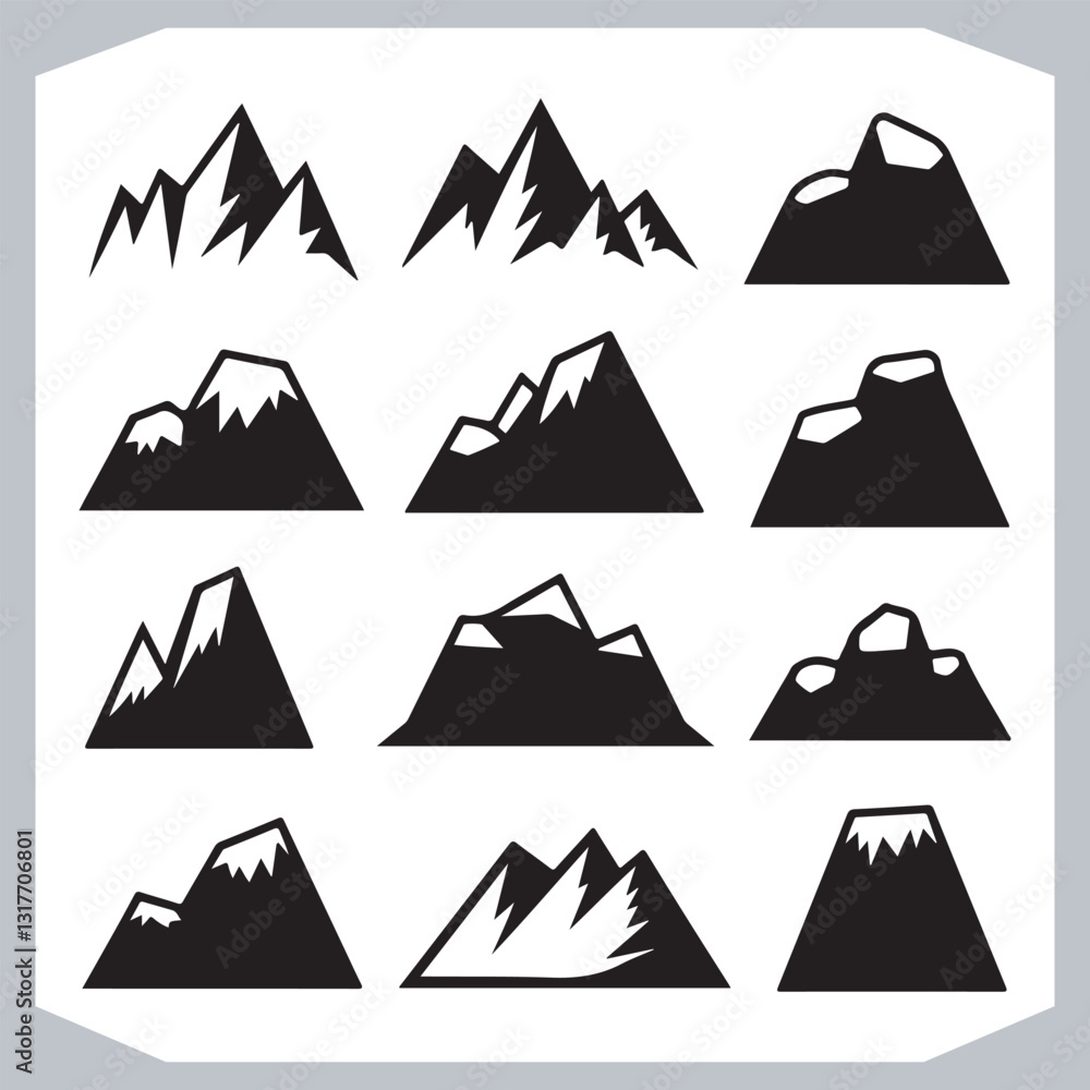 Black and White Retro Mountain Silhouettes Artistic Hand Drawn Design
