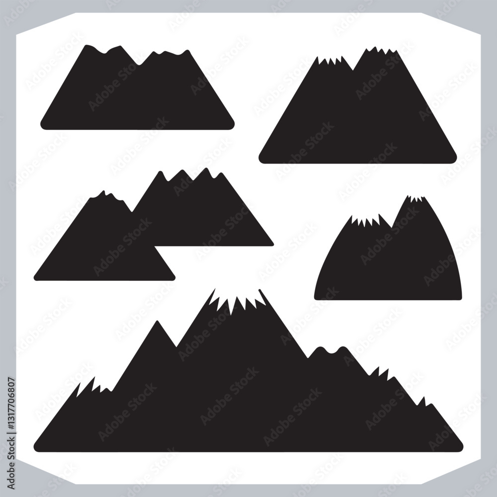 Black and White Retro Mountain Silhouettes Artistic Hand Drawn Design