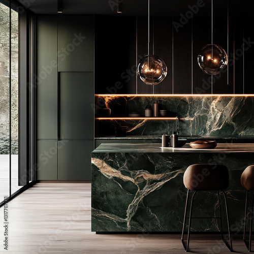 modern kitchen featuring dark green marble countertops, sleek cabinetry, and stylish pendant lights. design exudes elegance and sophistication, perfect for contemporary living
