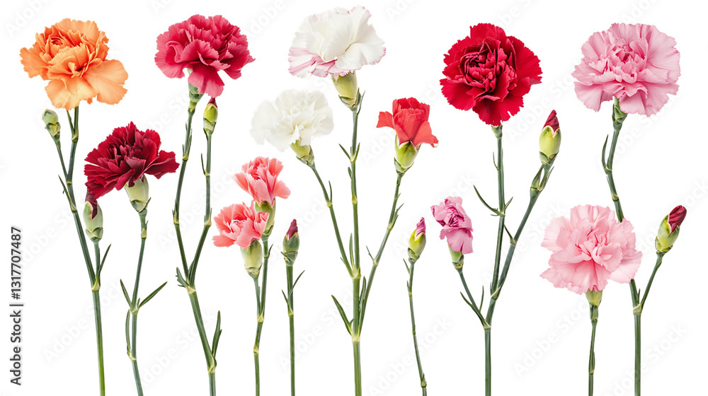 Obraz premium Colorful Carnation Flowers With Green Stems On Transparent Background, PNG