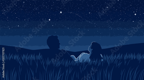 Outline illustration of a couple stargazing romantic night moment vector art