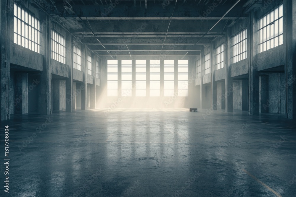 Large, empty warehouse with light beams flooding in through gridded windows Large, empty warehouse with light beams flooding in through gridded windows
