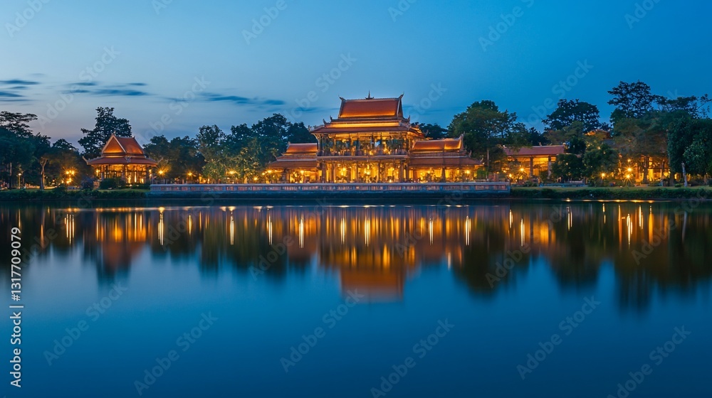Fototapeta premium Illuminated temple reflects in calm lake at dusk. Peaceful evening scene, ideal for travel brochures