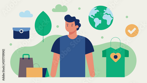 Sustainable Fashion Choices An illustration where the AI emphasizes sustainability by recommending ecofriendly clothing options and brands with ecoicons and a happy shopper