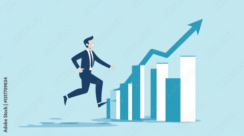 Cartoon businessman in suit running up an upward arrow, symbolizing financial growth, with rising bar graph beside him Cartoon businessman in suit running up an upward arrow, symbolizing financial growth, with rising bar graph beside him