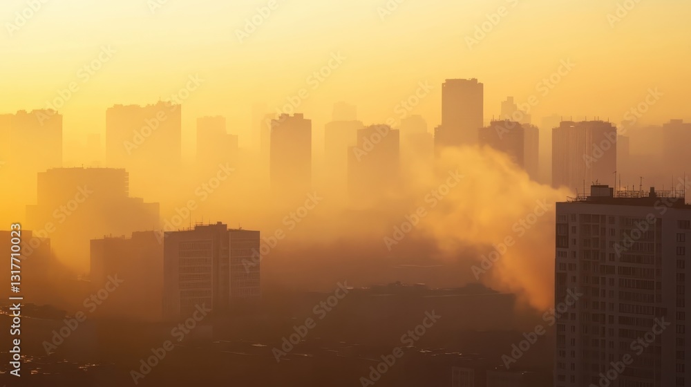 Fototapeta premium Urban skyline enveloped in morning fog with silhouettes of buildings against a golden sunrise in a bustling city