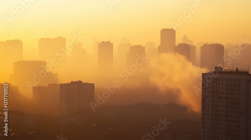 Fototapeta Naklejka Na Ścianę i Meble -  Urban skyline enveloped in morning fog with silhouettes of buildings against a golden sunrise in a bustling city