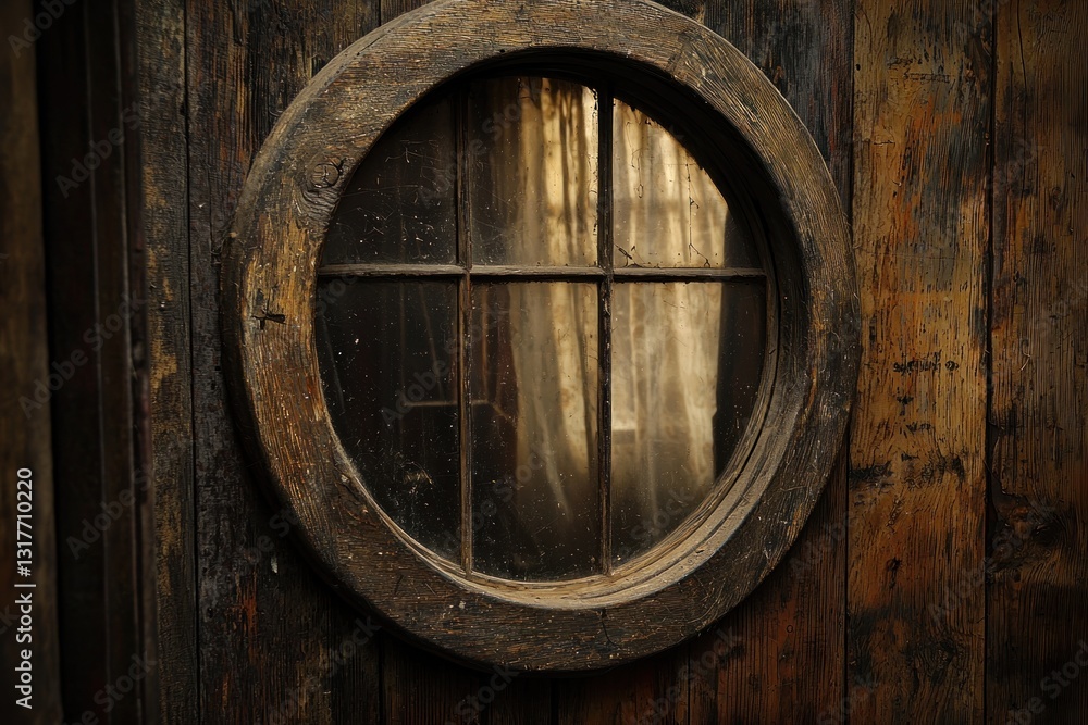 Rustic wooden door with round window showing soft, filtered light inside Rustic wooden door with round window showing soft, filtered light inside