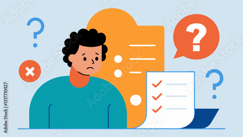 Refund Scam A worried individual receiving a refund notice that asks for personal information depicted with dollar signs and exclamation points showing confusion and uncertainty