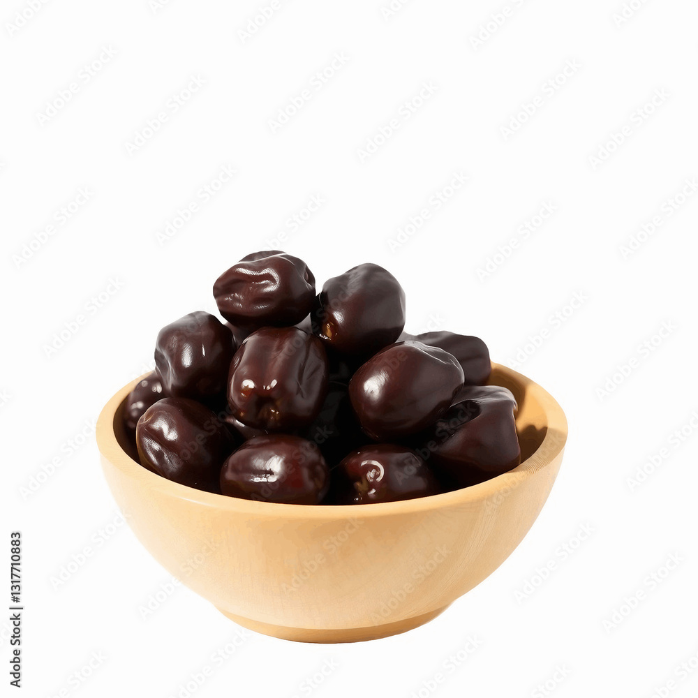 Image is a high-resolution, close-up photograph of a wooden bowl filled with dates. The bowl is made of light-colored wood with a smooth finish and a simple, rounded shape. 