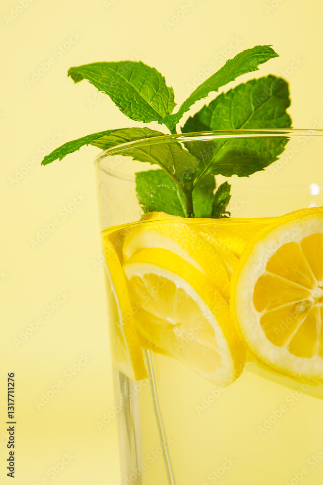 Glass of lemonade with mint against yellow background.