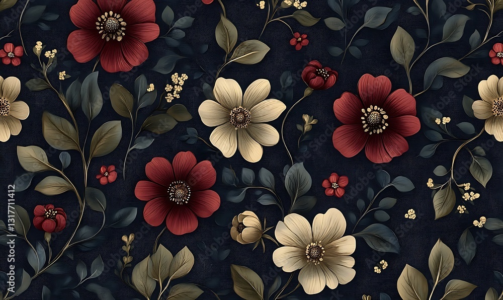 Dark Floral Seamless Pattern With Burgundy And Cream Flowers Dark Floral Seamless Pattern With Burgundy And Cream Flowers