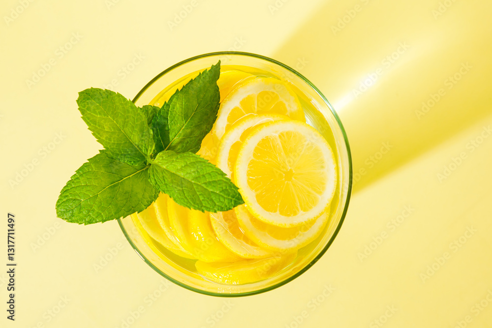 Glass of lemonade with mint against yellow background.
