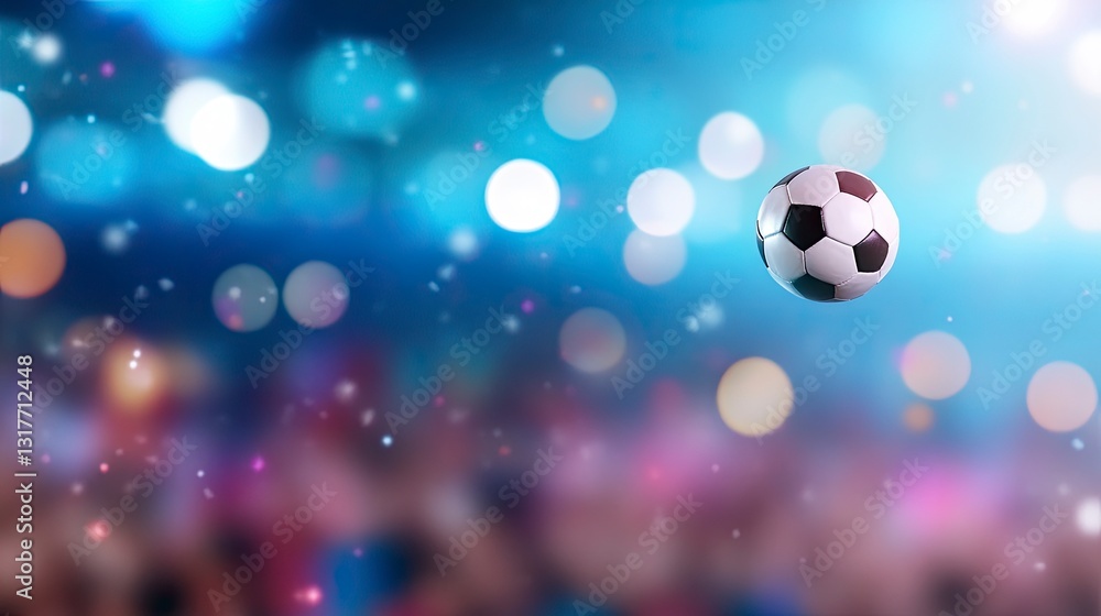 Soccer ball in flight, blurred stadium background, colorful lights, bokeh effect. Soccer ball in flight, blurred stadium background, colorful lights, bokeh effect.