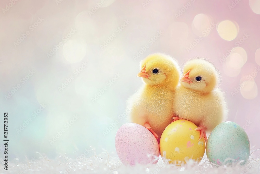 Two fluffy chicks on colorful eggs, with a soft pink and white bokeh background Two fluffy chicks on colorful eggs, with a soft pink and white bokeh background