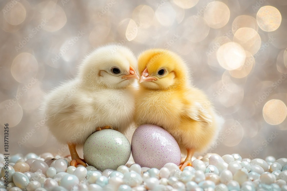 Two fluffy chicks nestled among eggs and pearls against blurred background Two fluffy chicks nestled among eggs and pearls against blurred background