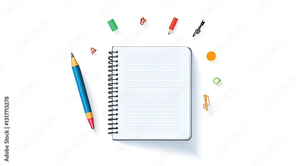 Spiral notebook with pencil and stationery on white background. Spiral notebook with pencil and stationery on white background.