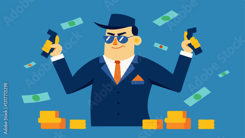 Stacks and Plans A crime boss surrounded by piles of money and blueprints of a heist counting cash with one hand while pointing at the plans with the other.