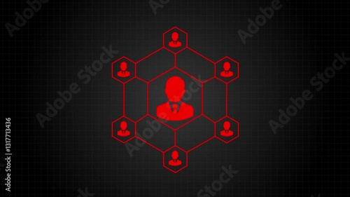 Network connections with people icons and man icon animation with red color on grid background.