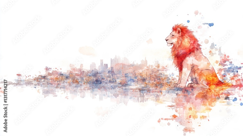 Naklejka premium Regal Lion in Watercolor with Abstract Floral Elements
