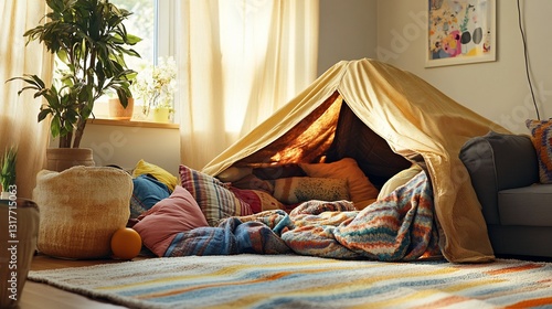 Cozy Indoor Fort: A Child's Playtime Haven Built with Pillows, Blankets, and a Blanket Tent in a Sunlit Living Room