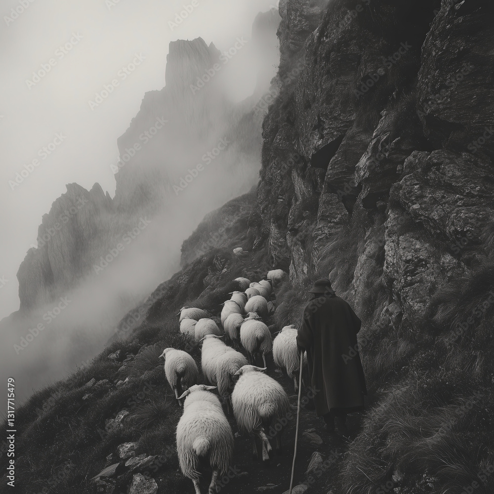 Sheep Descending a Mountain Slope in the Morning Fog