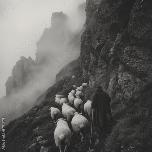 Obraz na płótnie Sheep Descending a Mountain Slope in the Morning Fog w salonie