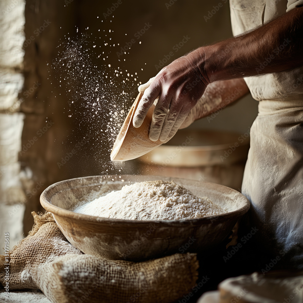 Miller Sifting Flour in a Traditional Bakery