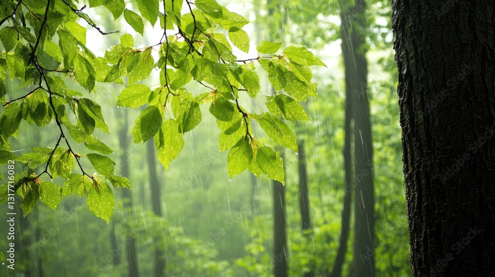 Fototapeta premium Lush green leaves glistening in the rain amidst a serene forest landscape, creating a tranquil atmosphere
