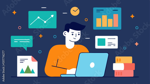 Market Research A curator analyzing market trends on a laptop surrounded by charts and subscription box examples to identify popular products for niche audiences.