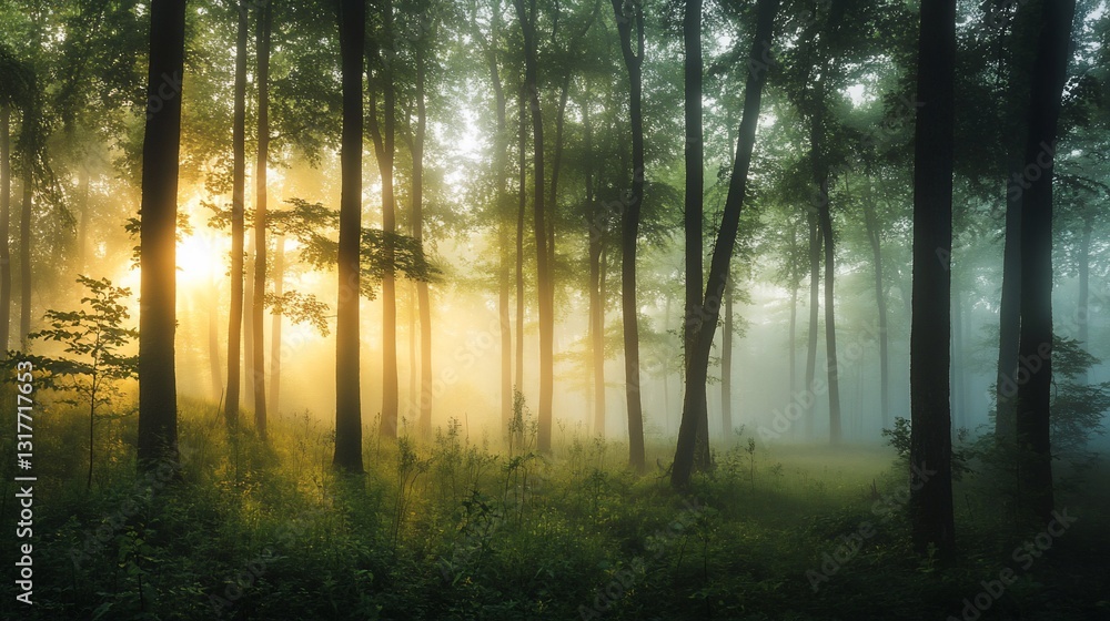 Obraz premium Enchanted Sunrise in a Misty Forest: A Serene Dawn Among the Trees