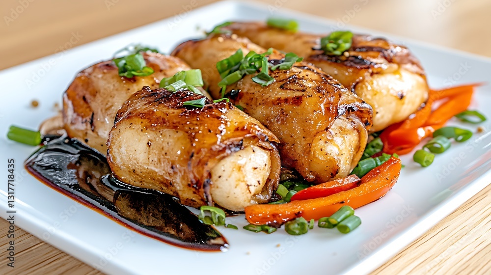 Delicious Grilled Chicken Rolls with Glaze Peppers and Green Onions Delicious Grilled Chicken Rolls with Glaze Peppers and Green Onions
