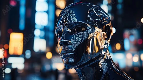 Metallic Head in a Futuristic Cityscape